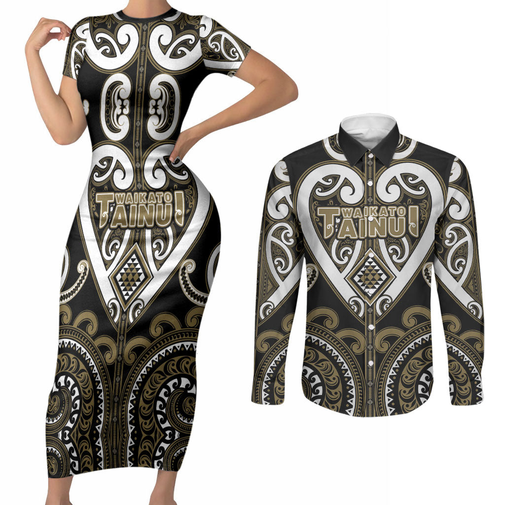 Custom Aotearoa Waikato Tainui Couples Matching Short Sleeve Bodycon Dress and Long Sleeve Button Shirt Maori Tribal Pattern LT05 Dark Yellow - Polynesian Pride