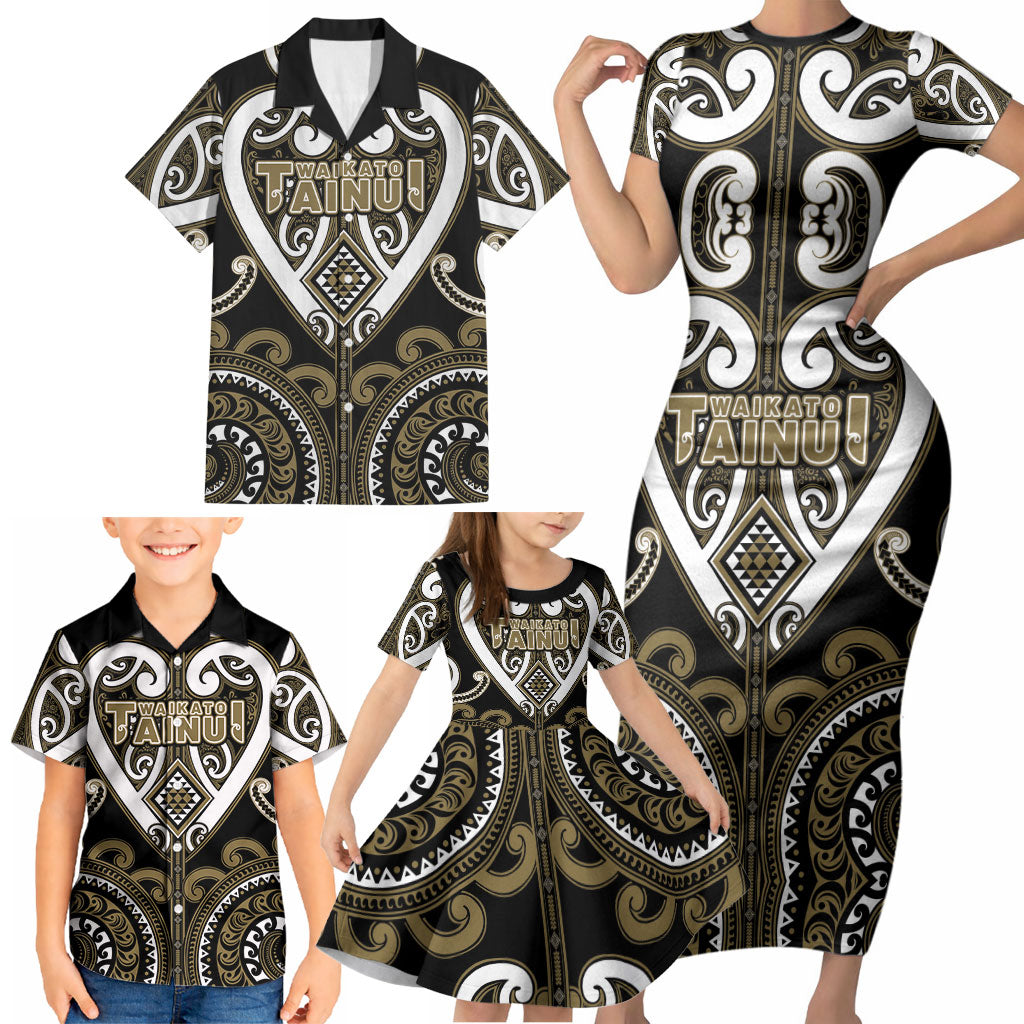 Custom Aotearoa Waikato Tainui Family Matching Short Sleeve Bodycon Dress and Hawaiian Shirt Maori Tribal Pattern