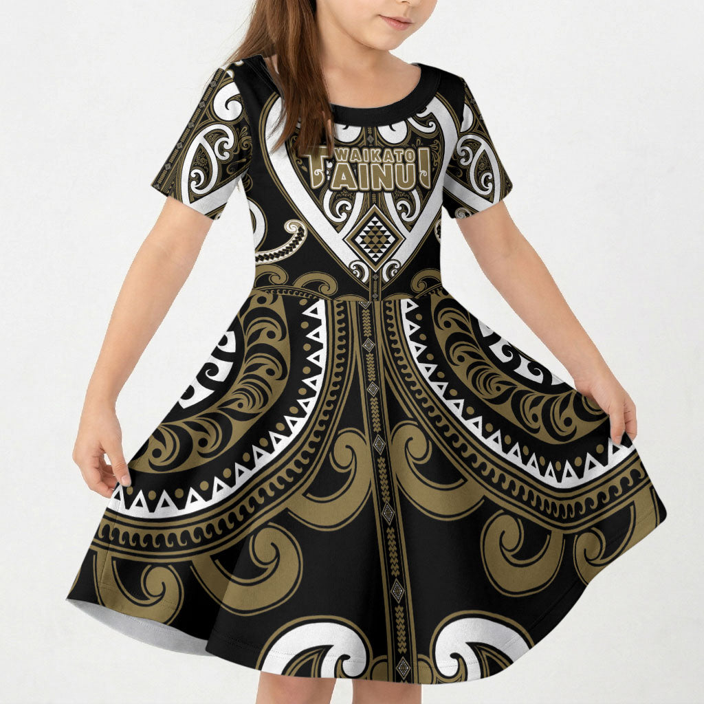 Custom Aotearoa Waikato Tainui Kid Short Sleeve Dress Maori Tribal Pattern