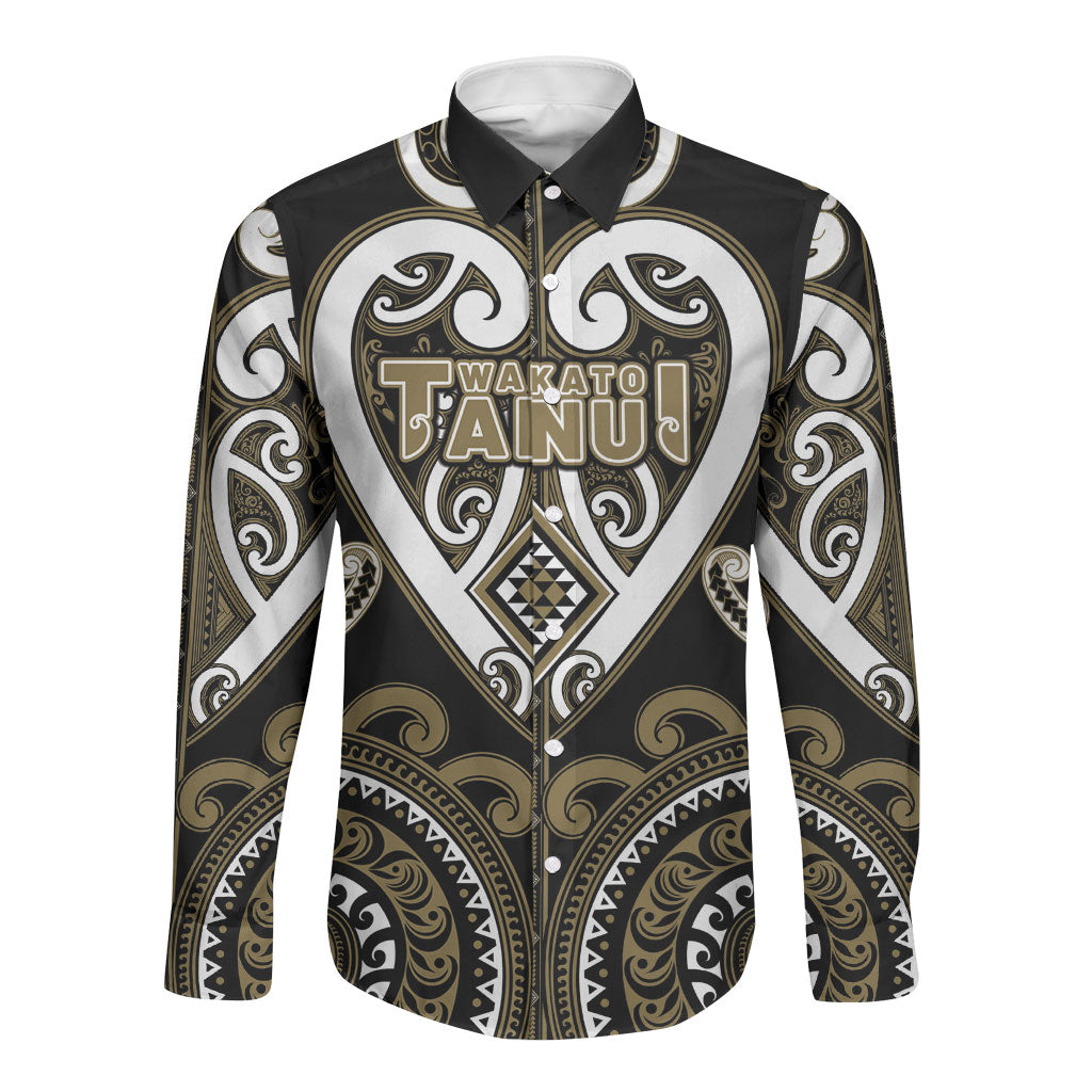 Custom Aotearoa Waikato Tainui Long Sleeve Button Shirt Maori Tribal Pattern LT05 Unisex Dark Yellow - Polynesian Pride