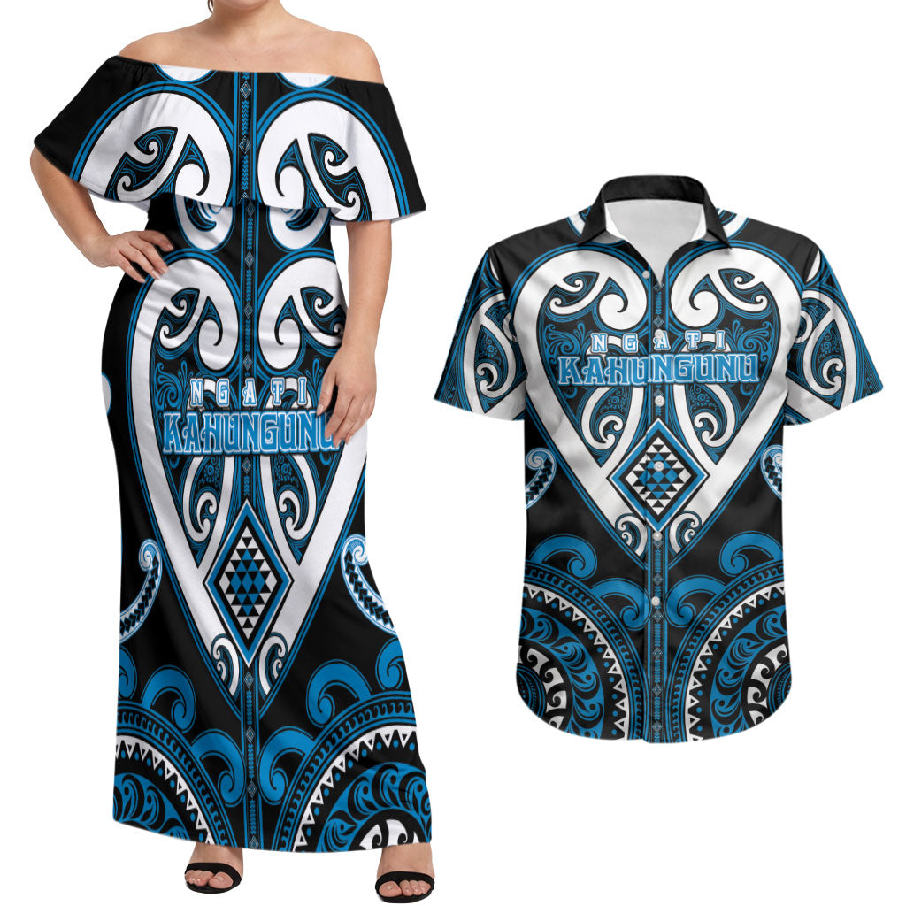 Custom Aotearoa Ngati Kahungunu Couples Matching Off Shoulder Maxi Dress and Hawaiian Shirt Maori Tribal Pattern LT05 Blue - Polynesian Pride