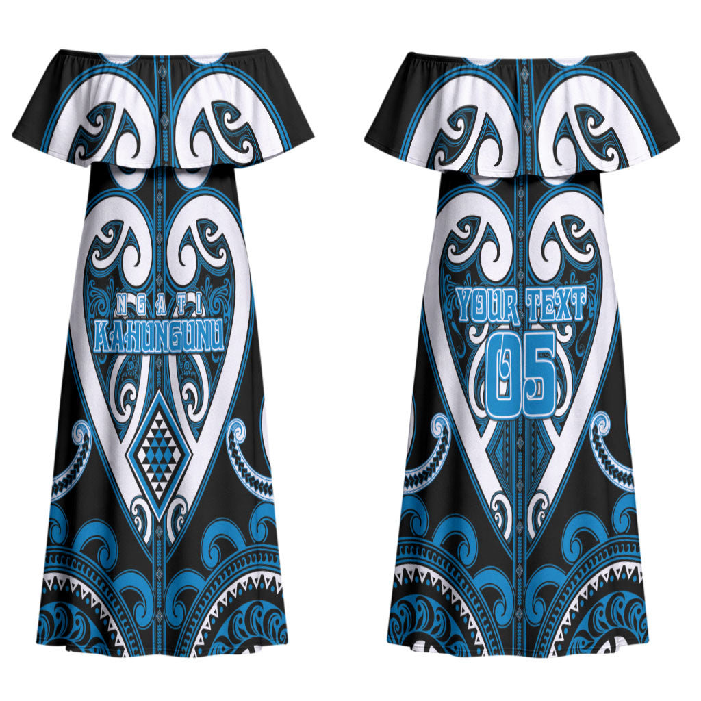 Custom Aotearoa Ngati Kahungunu Couples Matching Off Shoulder Maxi Dress and Long Sleeve Button Shirt Maori Tribal Pattern