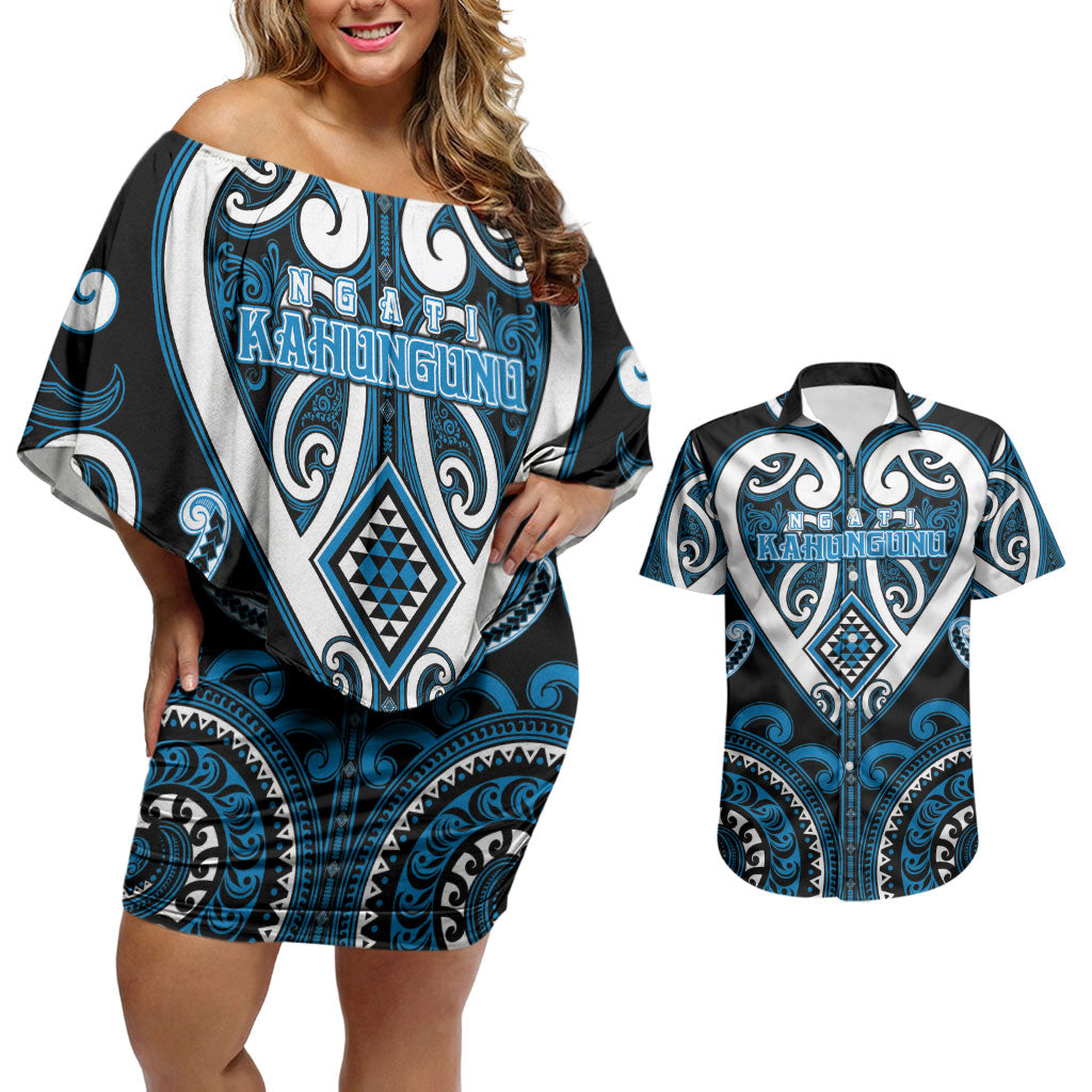 Custom Aotearoa Ngati Kahungunu Couples Matching Off Shoulder Short Dress and Hawaiian Shirt Maori Tribal Pattern LT05 Blue - Polynesian Pride