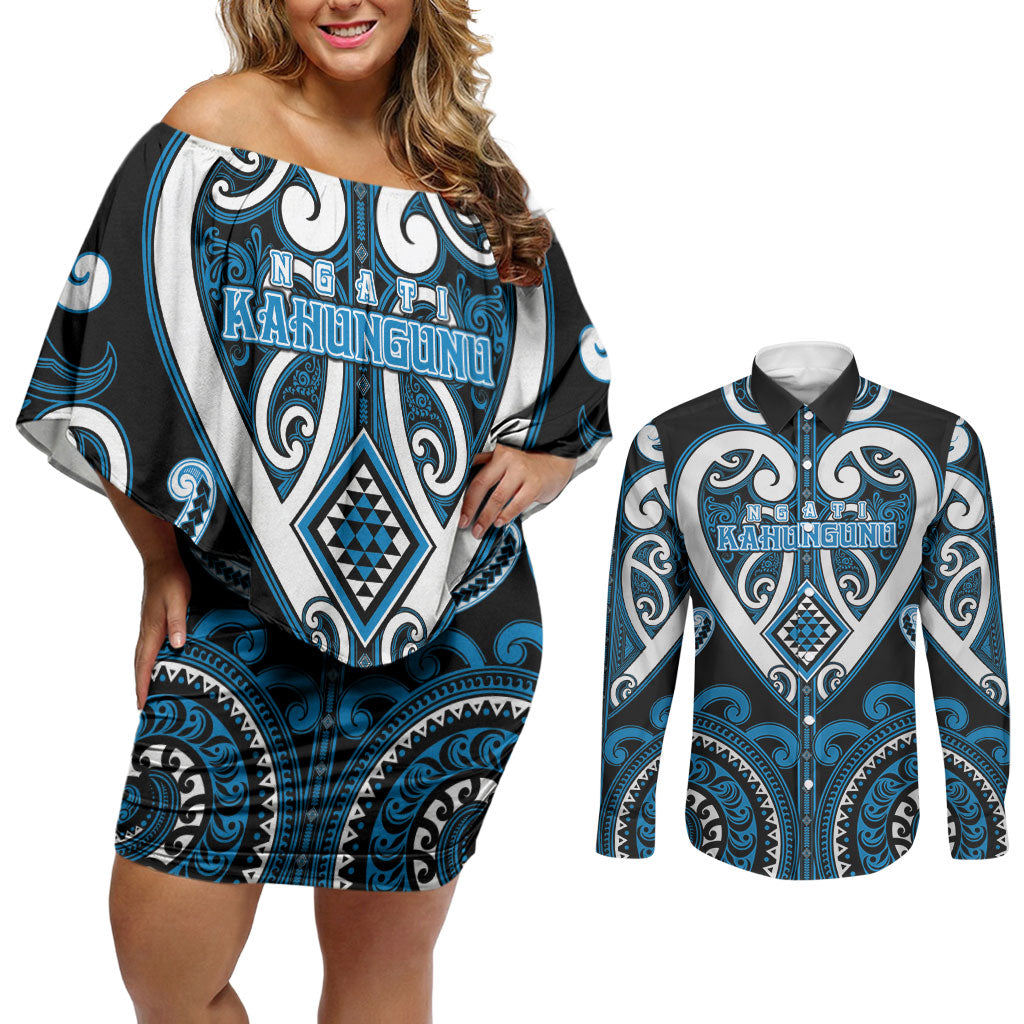 Custom Aotearoa Ngati Kahungunu Couples Matching Off Shoulder Short Dress and Long Sleeve Button Shirt Maori Tribal Pattern