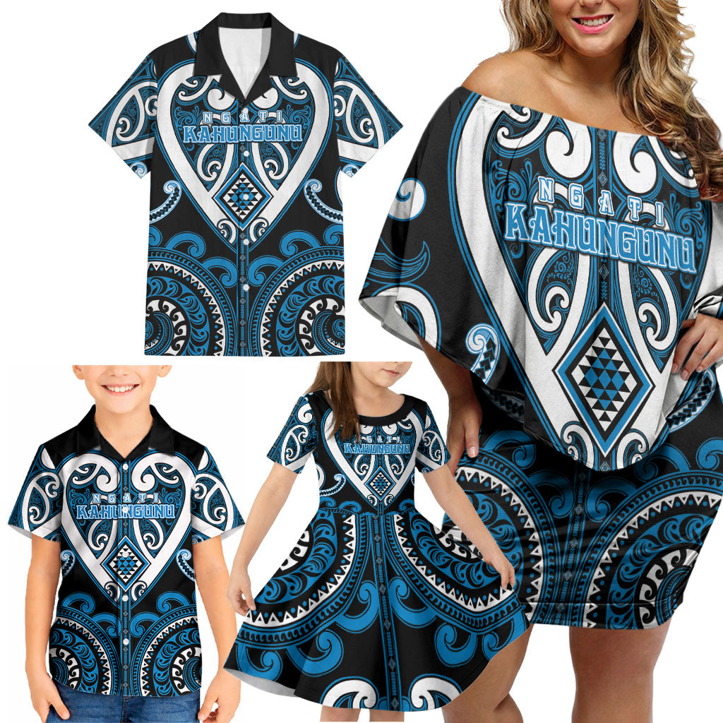 Custom Aotearoa Ngati Kahungunu Family Matching Off Shoulder Short Dress and Hawaiian Shirt Maori Tribal Pattern
