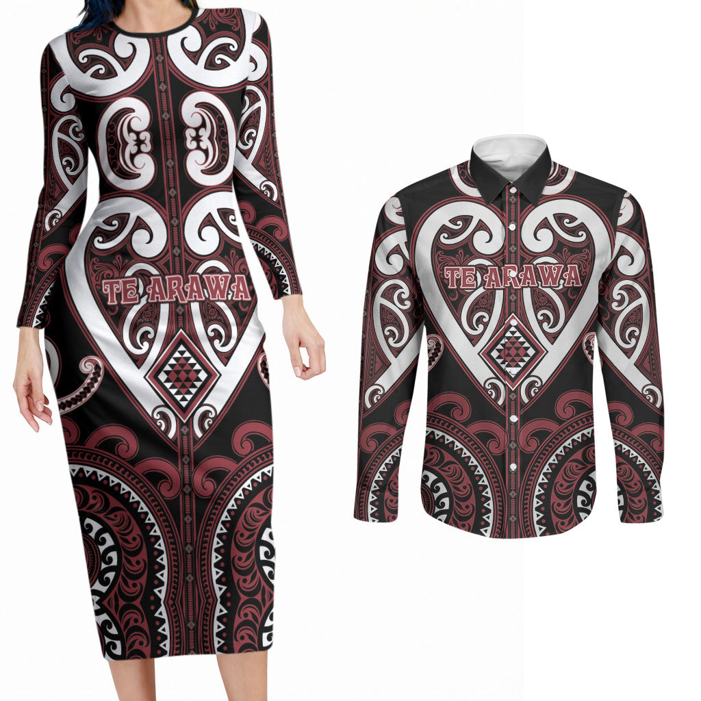 Custom Aotearoa Te Arawa Couples Matching Long Sleeve Bodycon Dress and Long Sleeve Button Shirt Maori Tribal Pattern