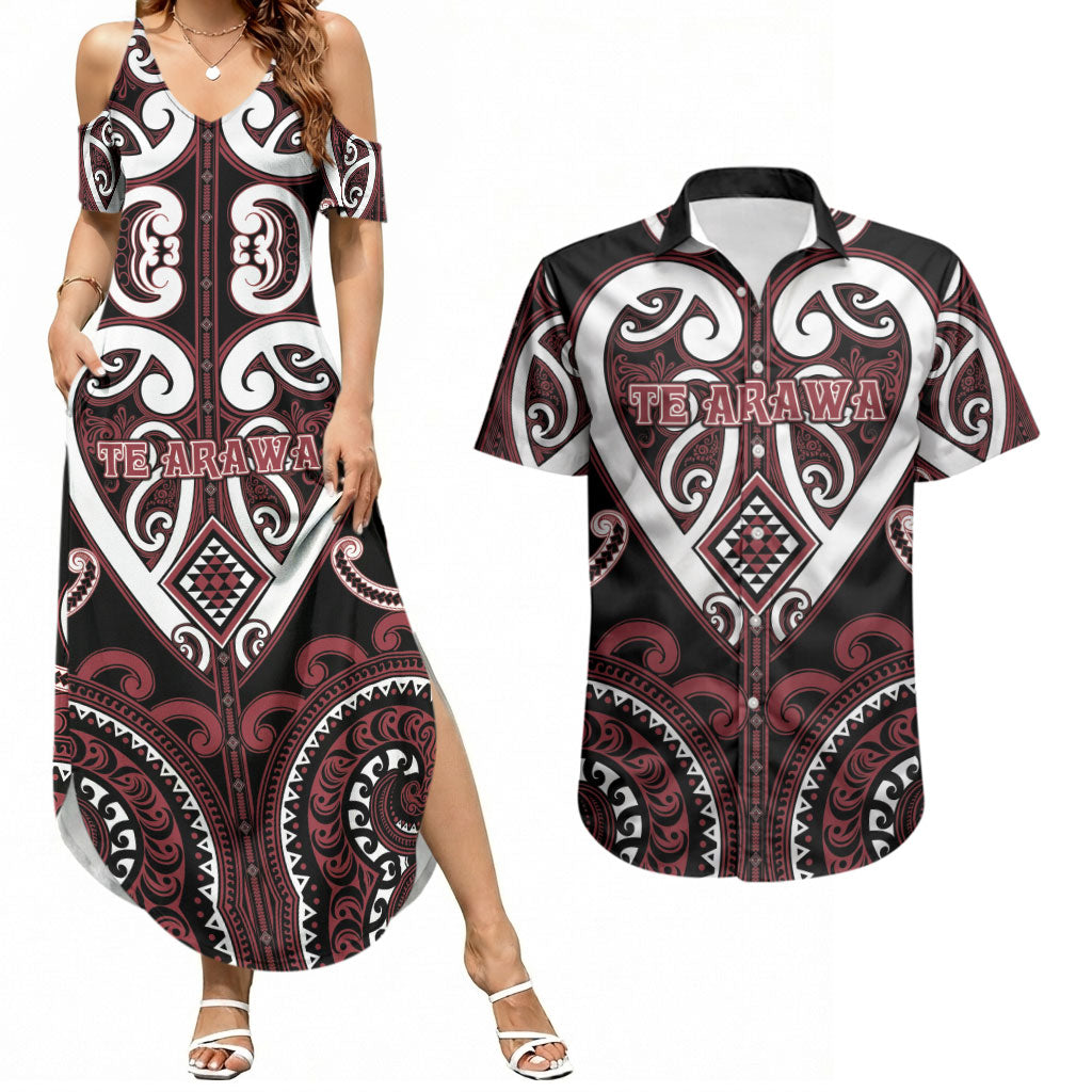 Custom Aotearoa Te Arawa Couples Matching Summer Maxi Dress and Hawaiian Shirt Maori Tribal Pattern LT05 Red - Polynesian Pride