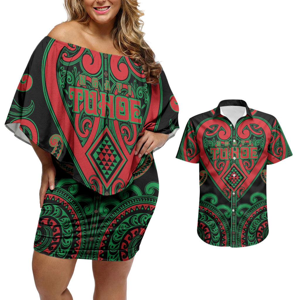 Custom Aotearoa Ngai Tuhoe Couples Matching Off Shoulder Short Dress and Hawaiian Shirt Maori Tribal Pattern LT05 Black - Polynesian Pride