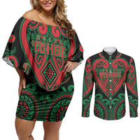 Custom Aotearoa Ngai Tuhoe Couples Matching Off Shoulder Short Dress and Long Sleeve Button Shirt Maori Tribal Pattern