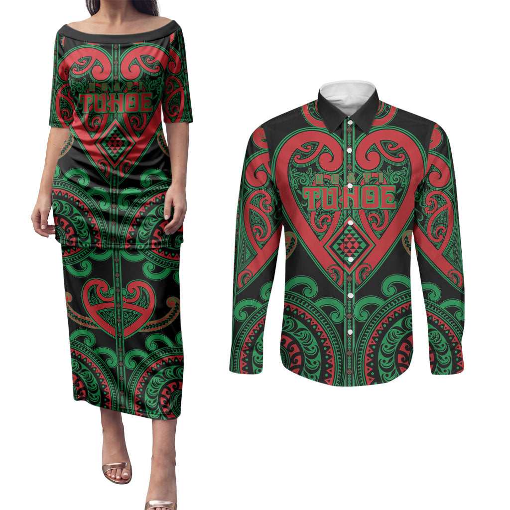 Custom Aotearoa Ngai Tuhoe Couples Matching Puletasi and Long Sleeve Button Shirt Maori Tribal Pattern