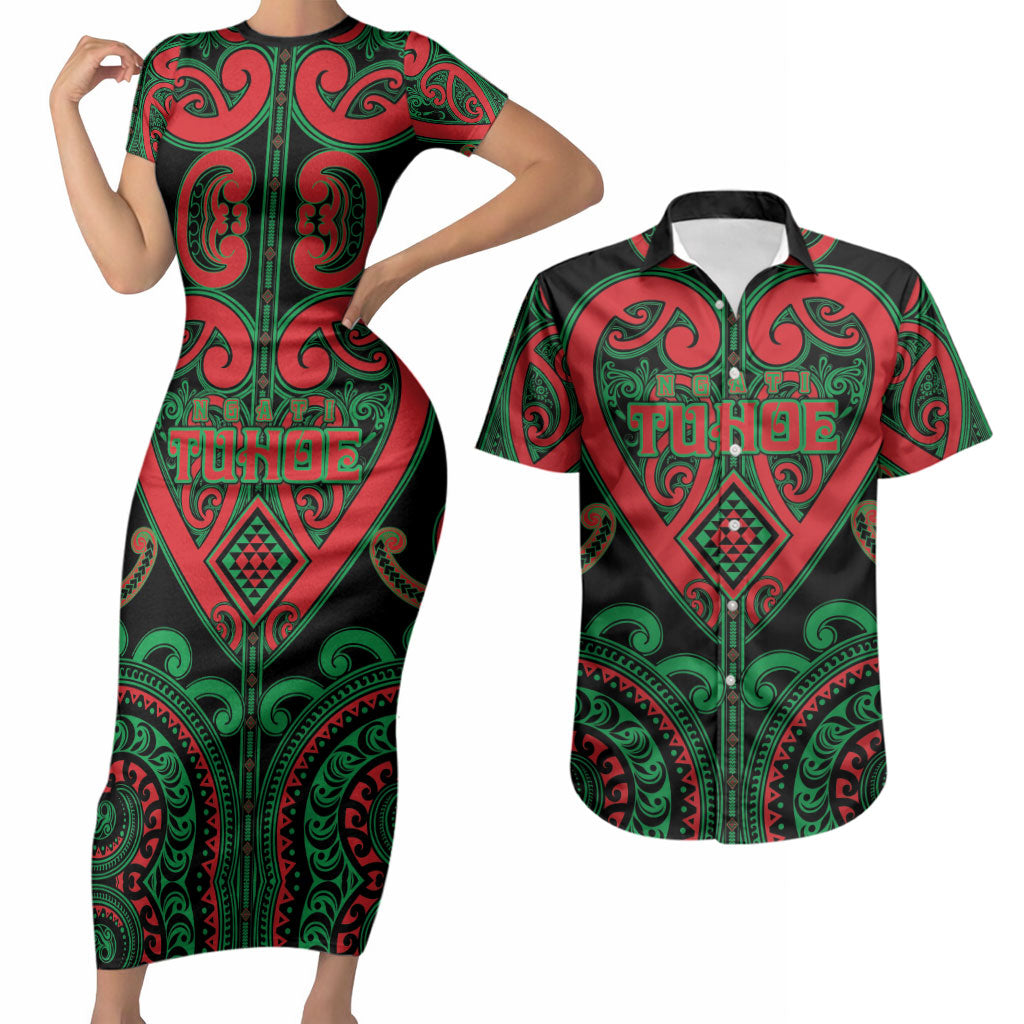 Custom Aotearoa Ngai Tuhoe Couples Matching Short Sleeve Bodycon Dress and Hawaiian Shirt Maori Tribal Pattern