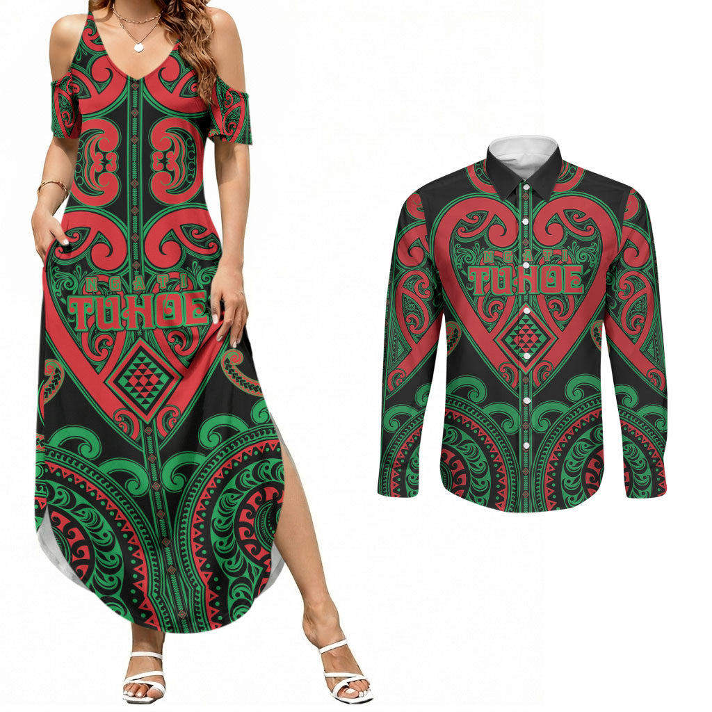 Custom Aotearoa Ngai Tuhoe Couples Matching Summer Maxi Dress and Long Sleeve Button Shirt Maori Tribal Pattern