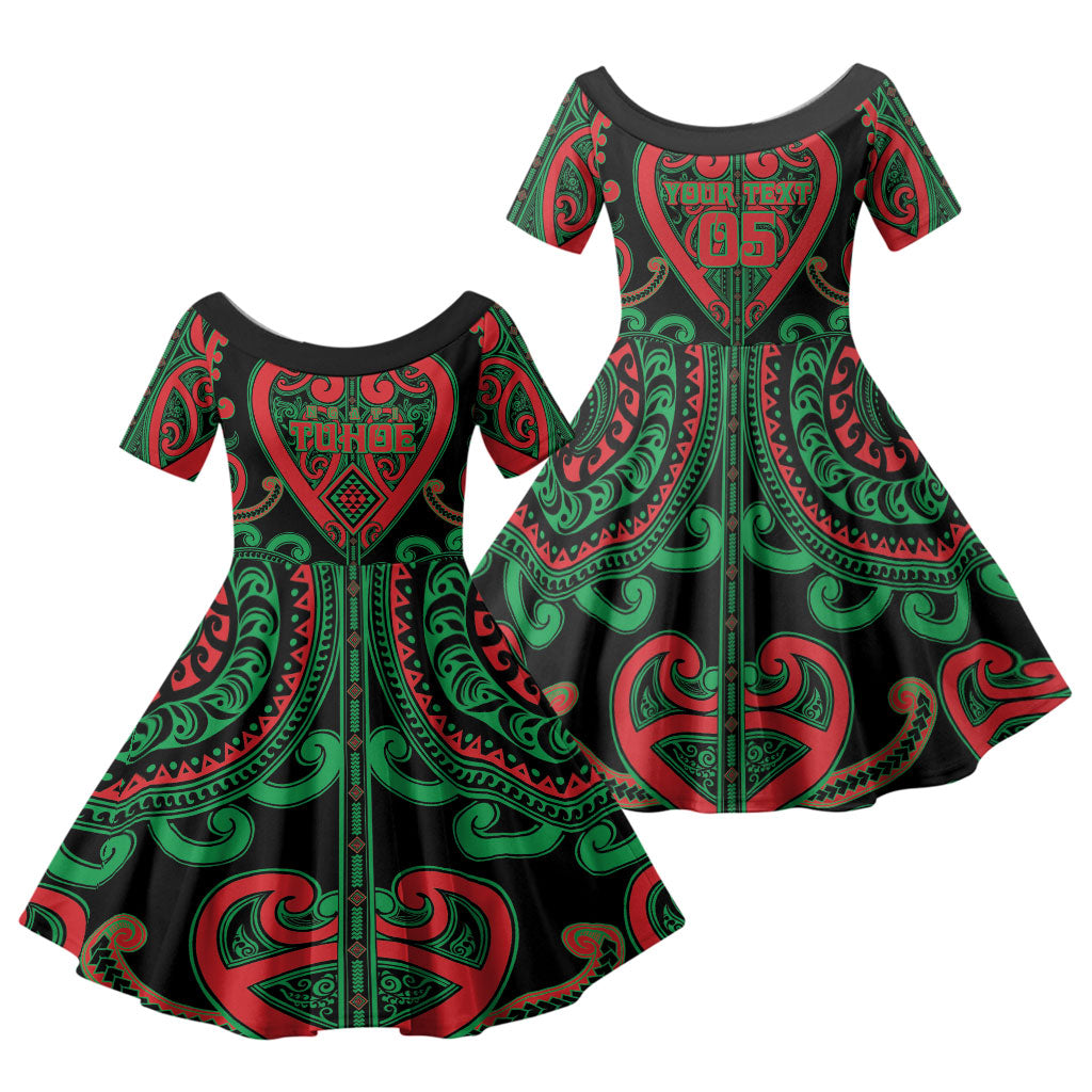 Custom Aotearoa Ngai Tuhoe Family Matching Off The Shoulder Long Sleeve Dress and Hawaiian Shirt Maori Tribal Pattern