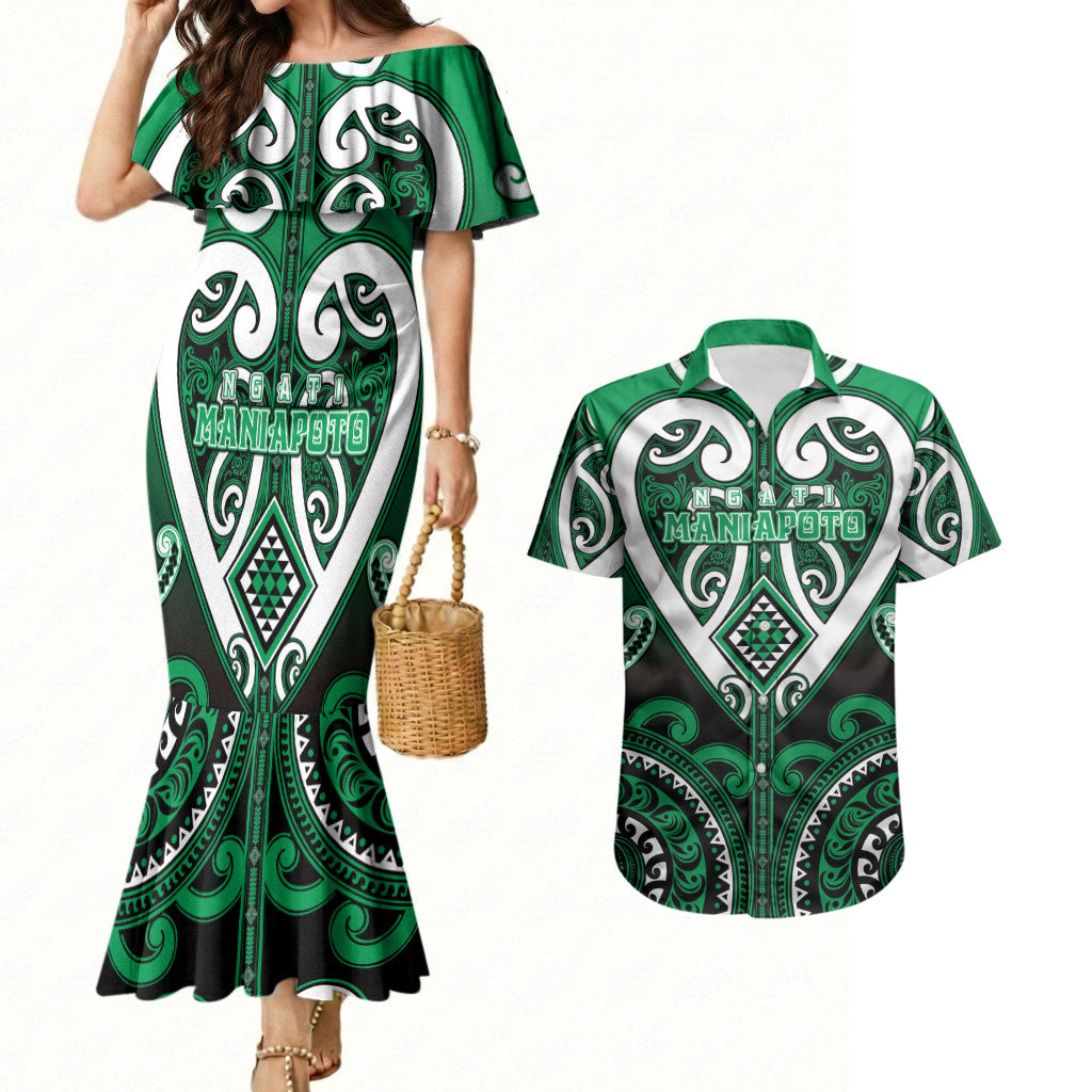 Custom Aotearoa Ngati Maniapoto Couples Matching Mermaid Dress and Hawaiian Shirt Maori Tribal Pattern LT05 Green - Polynesian Pride
