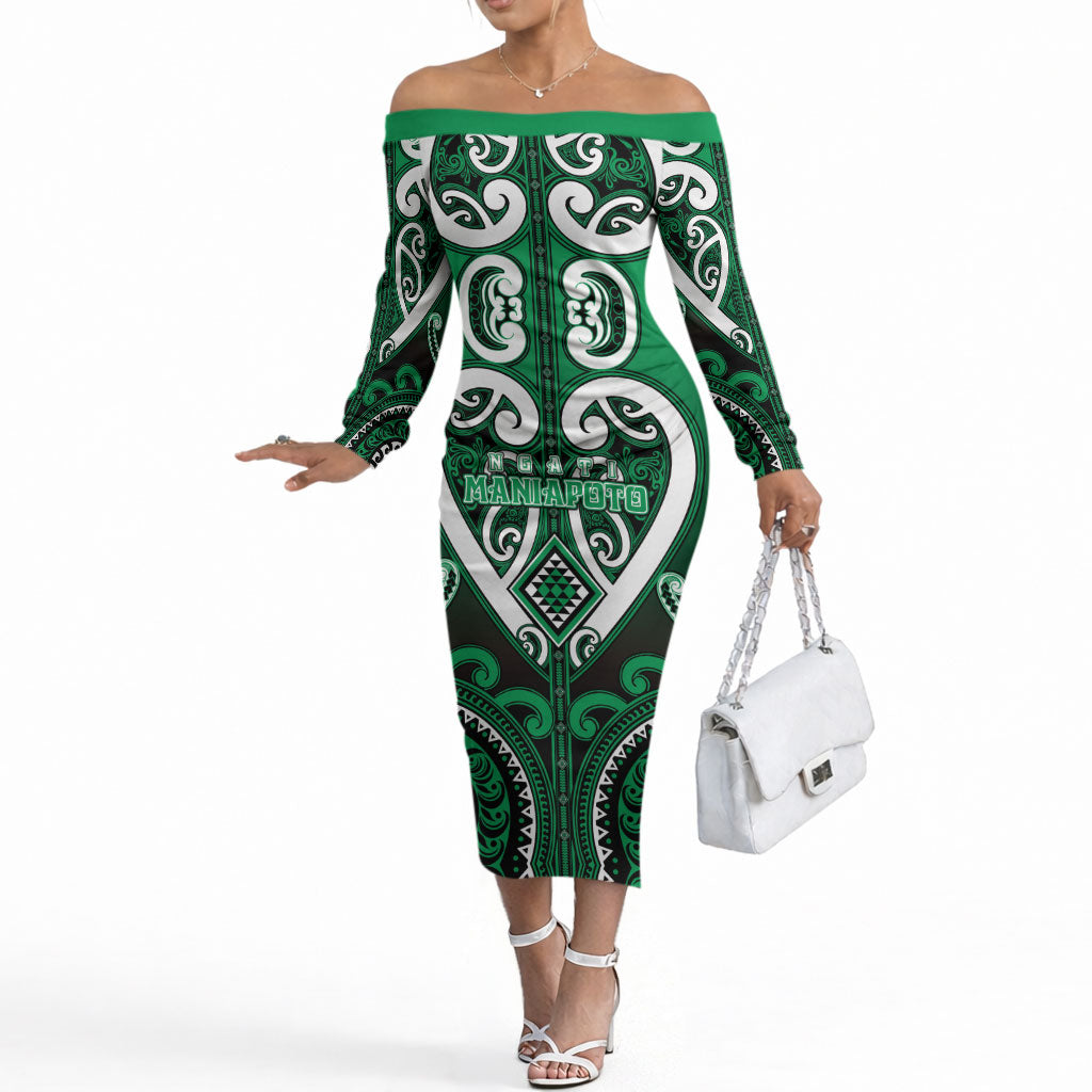 Custom Aotearoa Ngati Maniapoto Off The Shoulder Long Sleeve Dress Maori Tribal Pattern