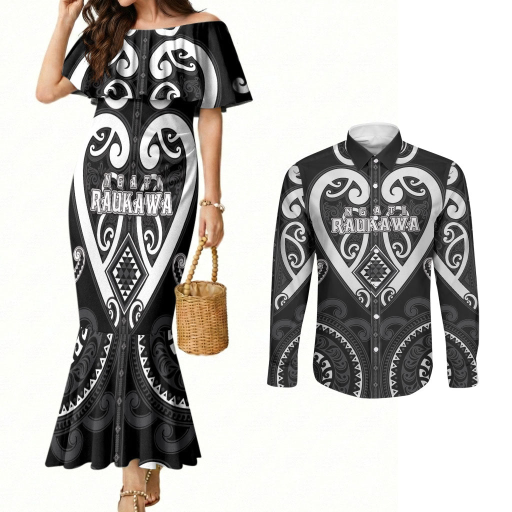 Custom Aotearoa Ngati Raukawa Couples Matching Mermaid Dress and Long Sleeve Button Shirt Maori Tribal Pattern