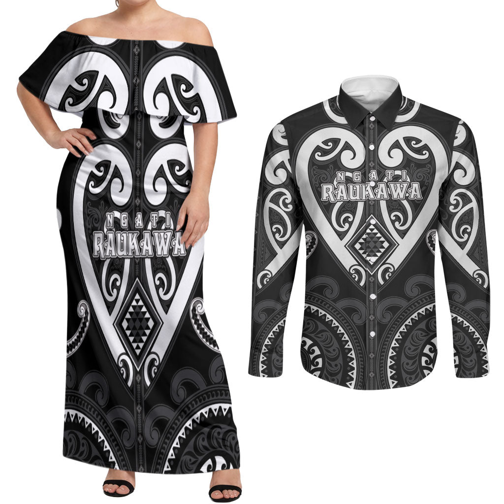 Custom Aotearoa Ngati Raukawa Couples Matching Off Shoulder Maxi Dress and Long Sleeve Button Shirt Maori Tribal Pattern LT05 Black - Polynesian Pride