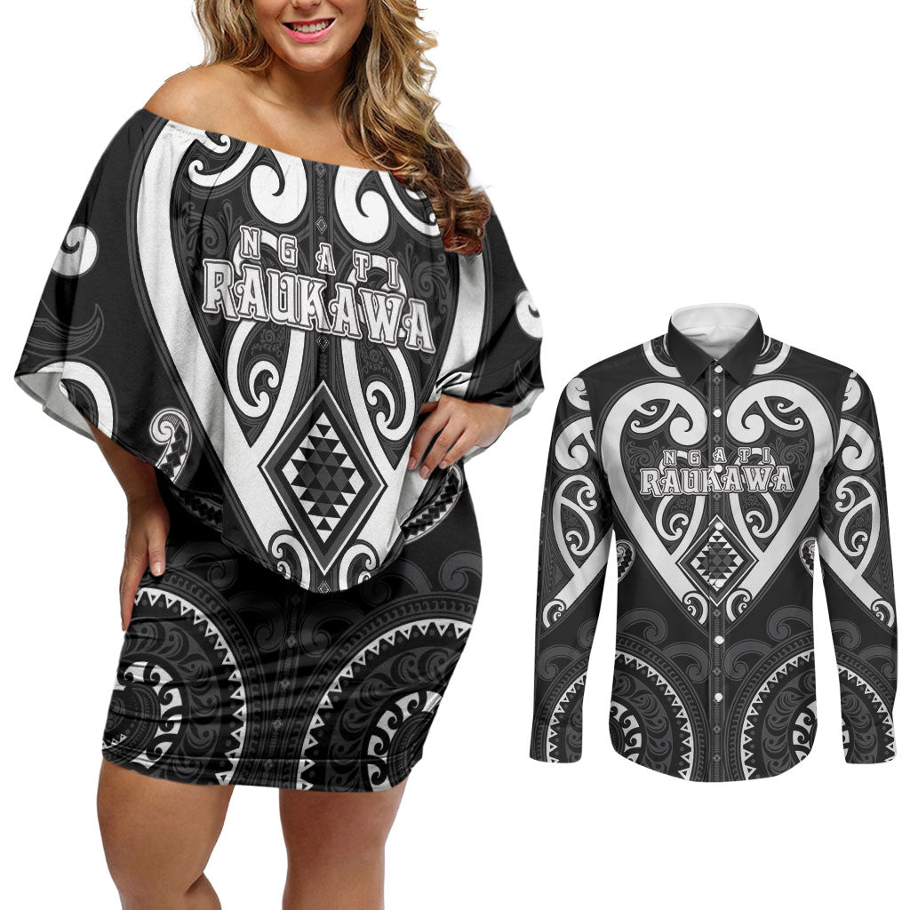 Custom Aotearoa Ngati Raukawa Couples Matching Off Shoulder Short Dress and Long Sleeve Button Shirt Maori Tribal Pattern