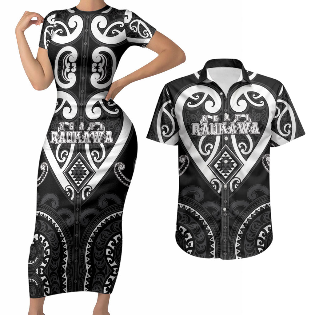 Custom Aotearoa Ngati Raukawa Couples Matching Short Sleeve Bodycon Dress and Hawaiian Shirt Maori Tribal Pattern