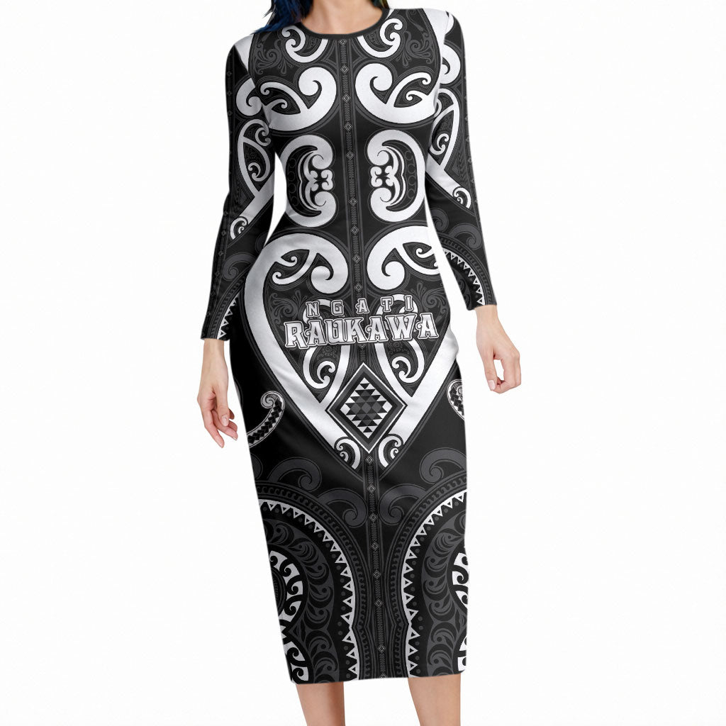 Custom Aotearoa Ngati Raukawa Long Sleeve Bodycon Dress Maori Tribal Pattern