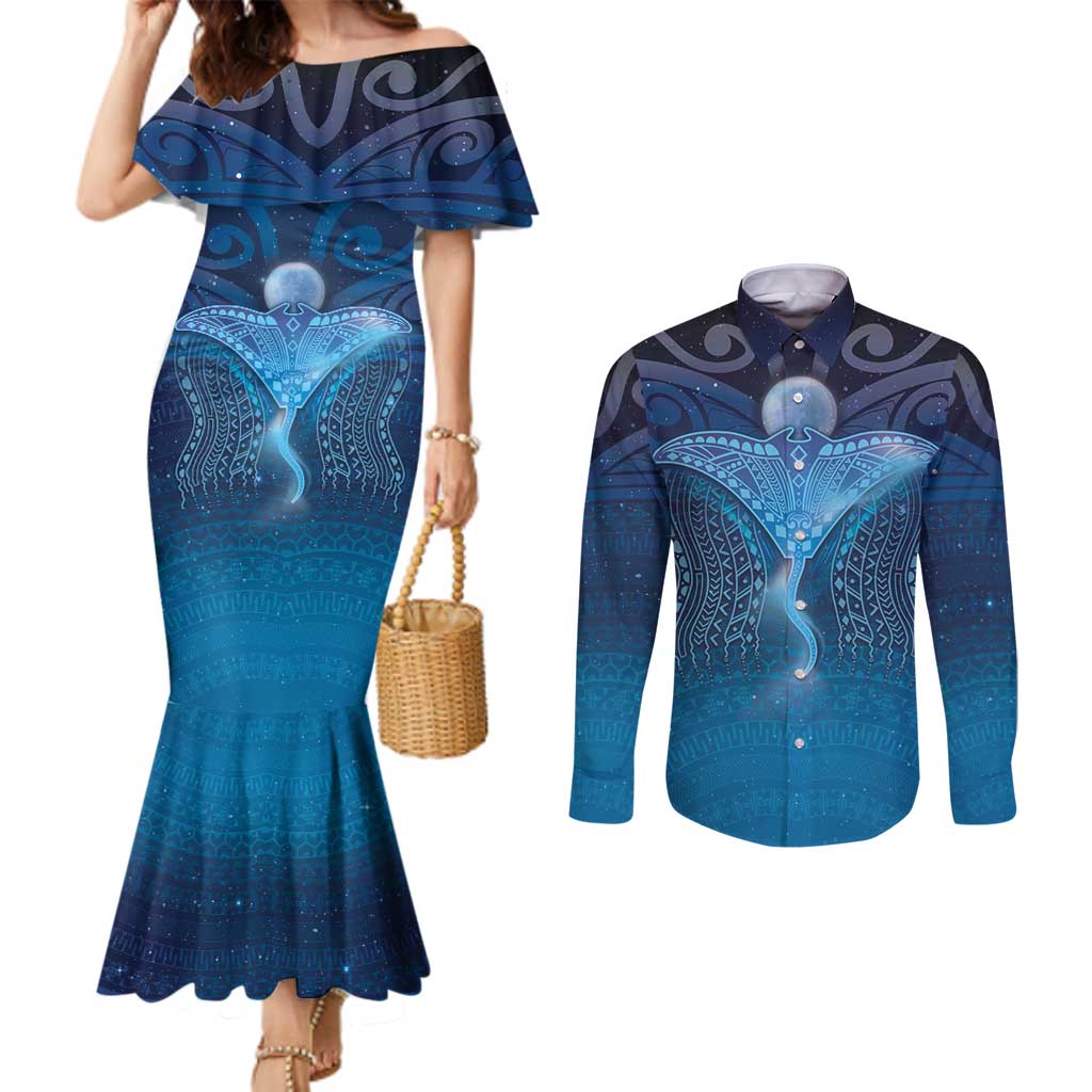 Polynesia Manta Ray Couples Matching Mermaid Dress and Long Sleeve Button Shirt Let's The Sea Set You Free - Polynesian Pride
