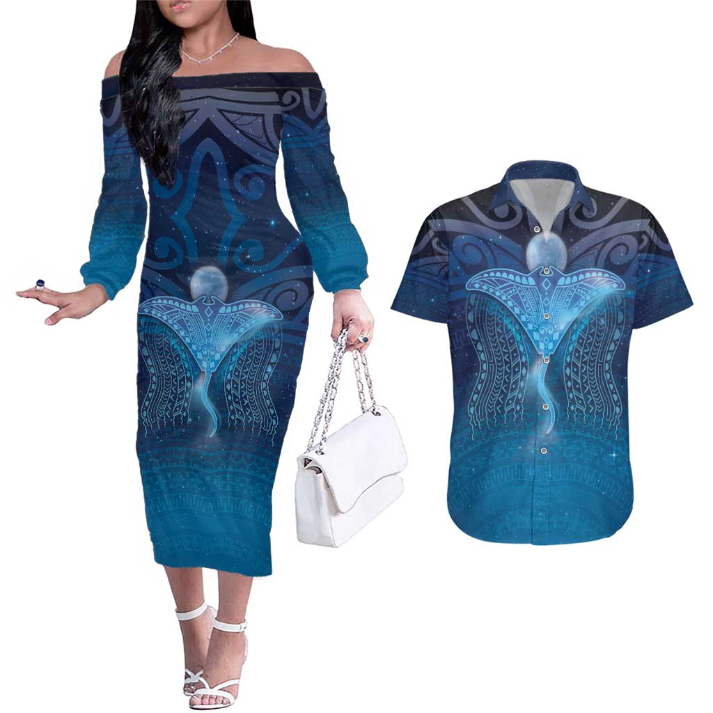 Polynesia Manta Ray Couples Matching Off The Shoulder Long Sleeve Dress and Hawaiian Shirt Let's The Sea Set You Free - Polynesian Pride
