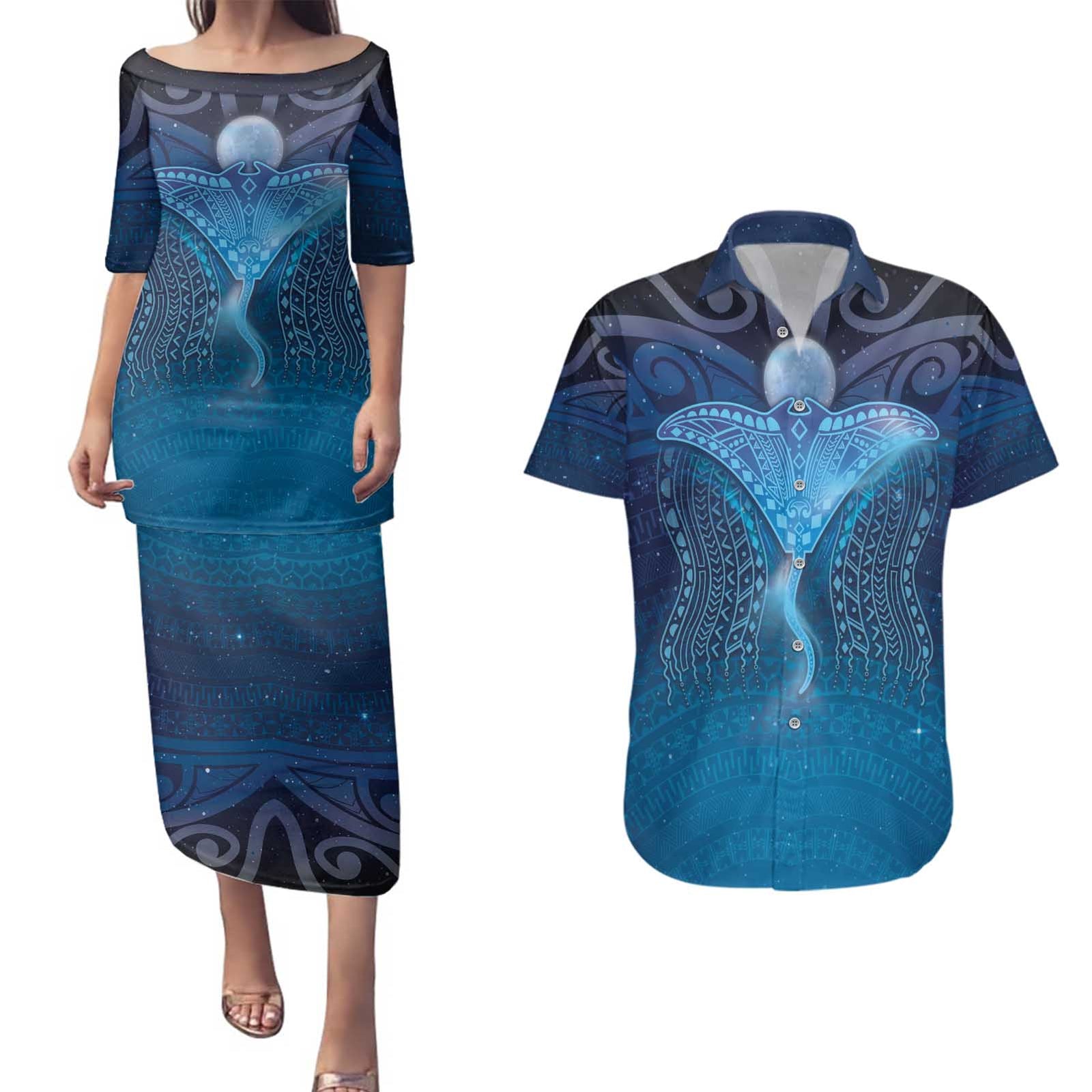 Polynesia Manta Ray Couples Matching Puletasi and Hawaiian Shirt Let's The Sea Set You Free LT05 Blue - Polynesian Pride