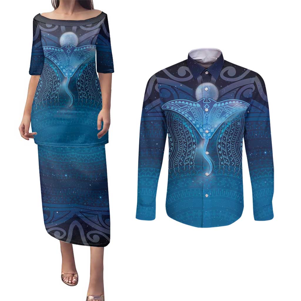 Polynesia Manta Ray Couples Matching Puletasi and Long Sleeve Button Shirt Let's The Sea Set You Free - Polynesian Pride