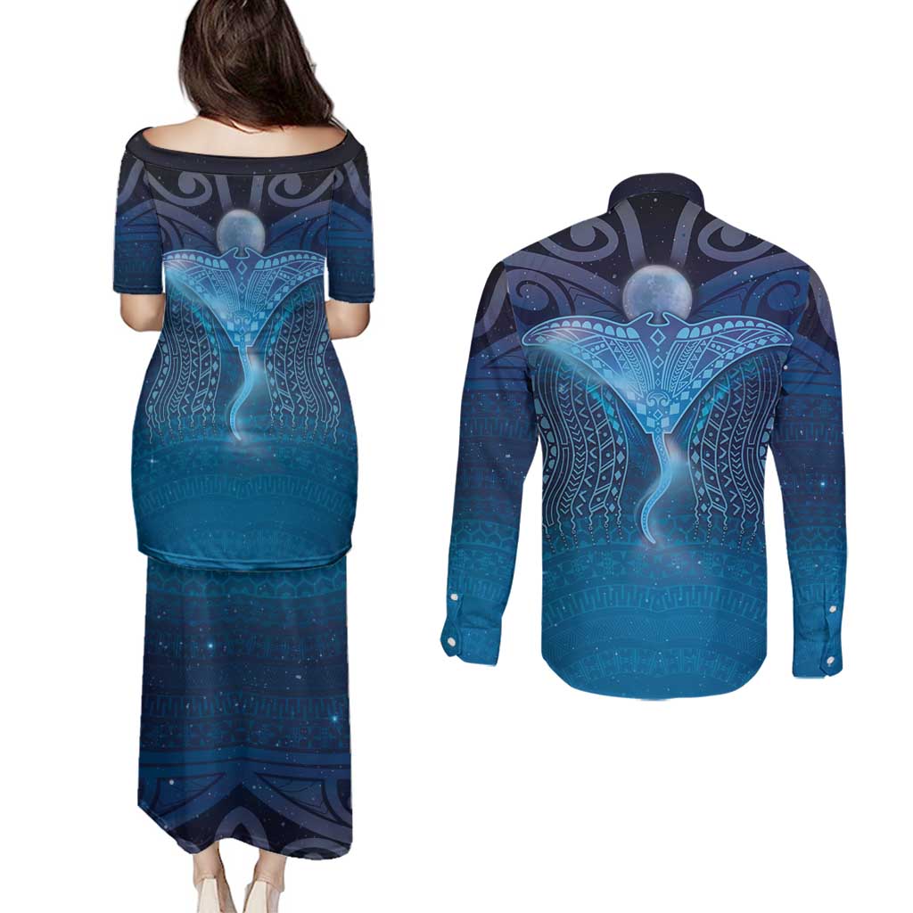 Polynesia Manta Ray Couples Matching Puletasi and Long Sleeve Button Shirt Let's The Sea Set You Free - Polynesian Pride