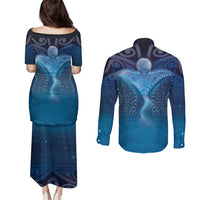Polynesia Manta Ray Couples Matching Puletasi and Long Sleeve Button Shirt Let's The Sea Set You Free - Polynesian Pride