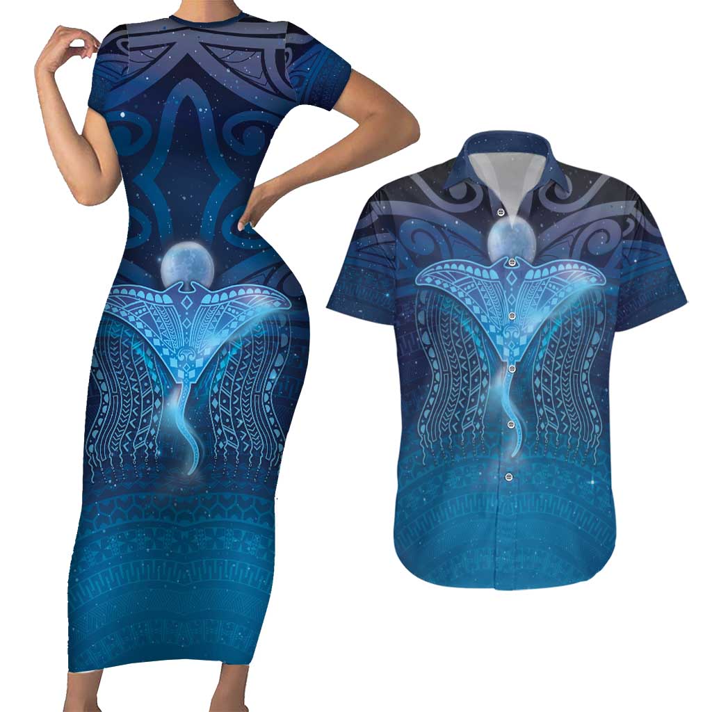 Polynesia Manta Ray Couples Matching Short Sleeve Bodycon Dress and Hawaiian Shirt Let's The Sea Set You Free - Polynesian Pride