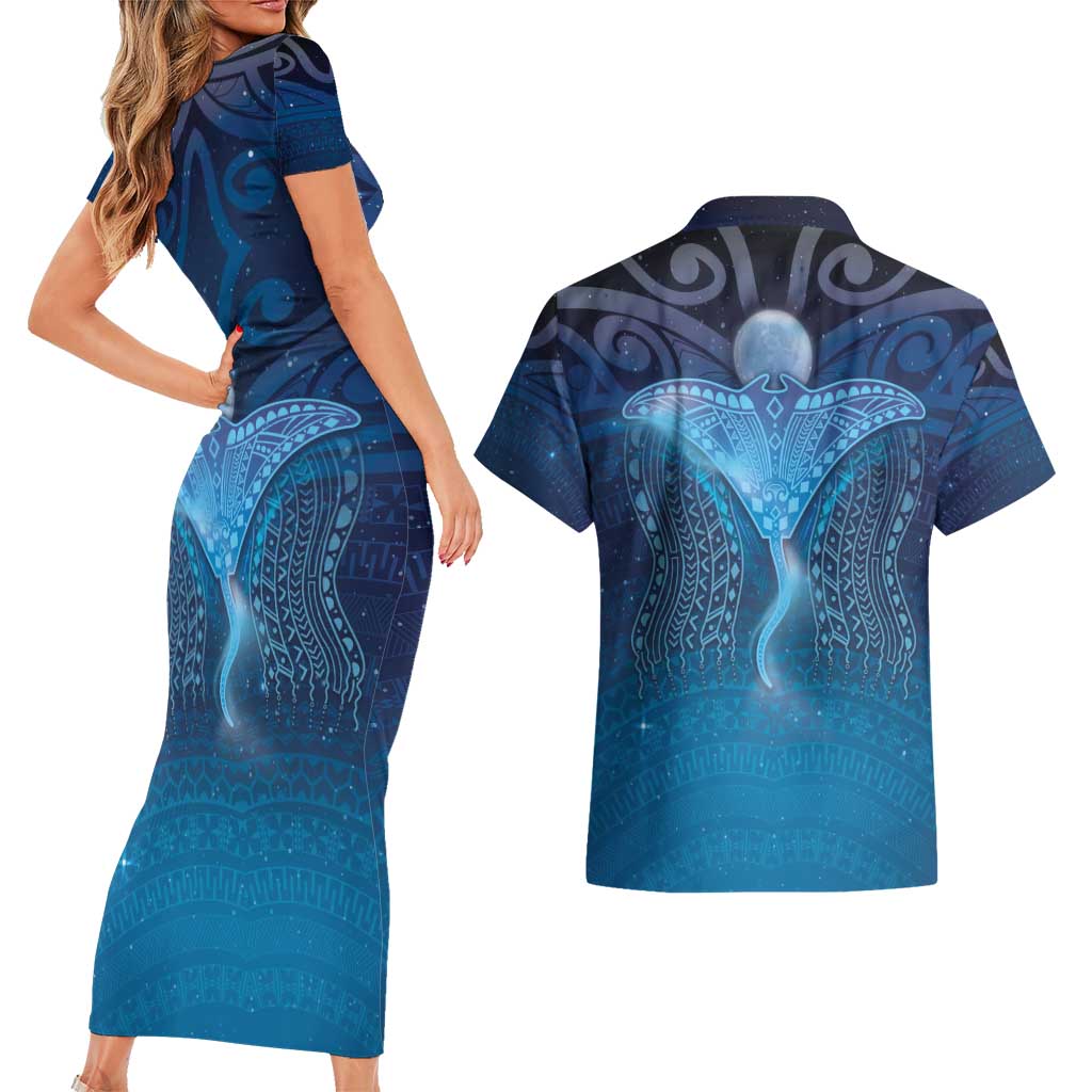 Polynesia Manta Ray Couples Matching Short Sleeve Bodycon Dress and Hawaiian Shirt Let's The Sea Set You Free - Polynesian Pride