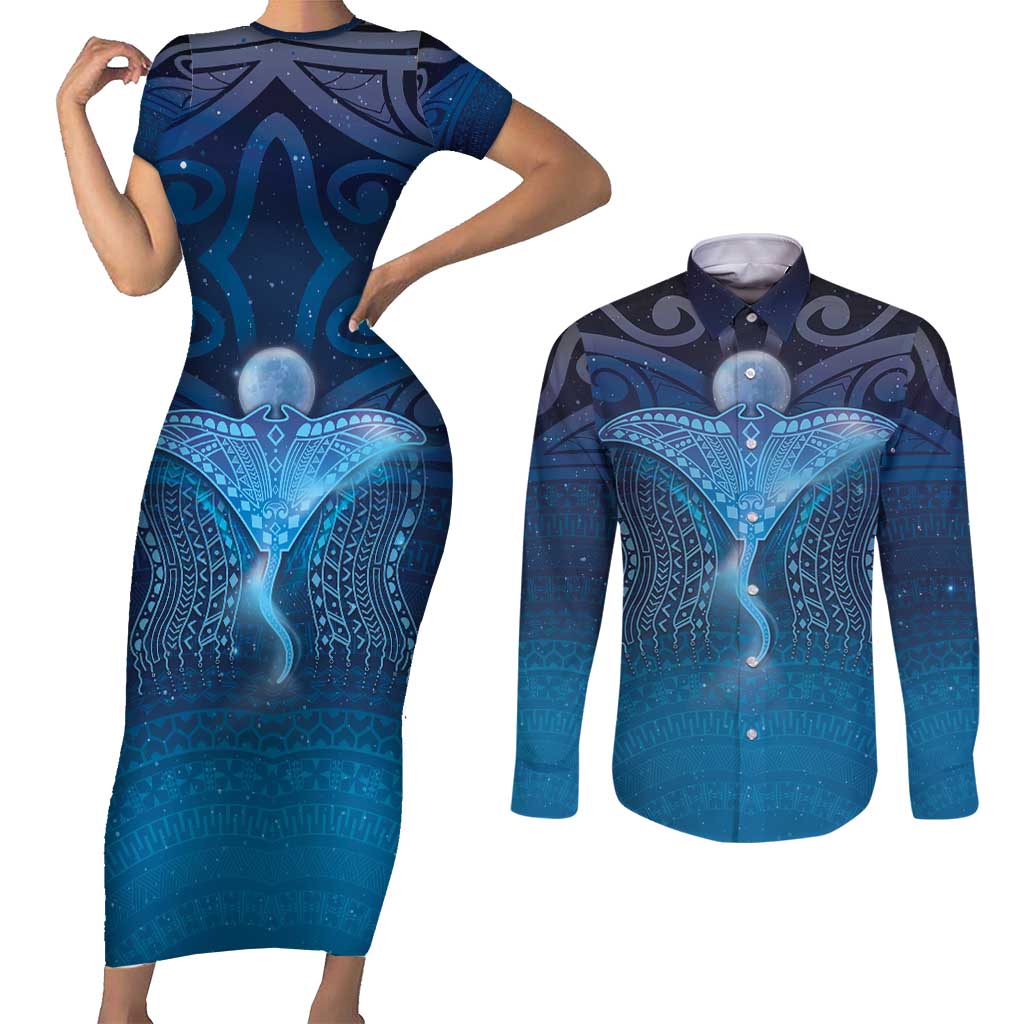 Polynesia Manta Ray Couples Matching Short Sleeve Bodycon Dress and Long Sleeve Button Shirt Let's The Sea Set You Free - Polynesian Pride