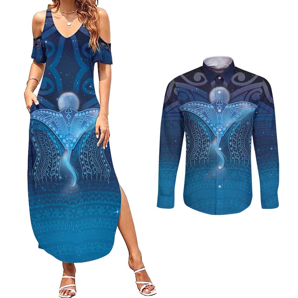 Polynesia Manta Ray Couples Matching Summer Maxi Dress and Long Sleeve Button Shirt Let's The Sea Set You Free - Polynesian Pride