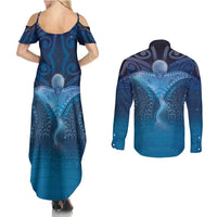Polynesia Manta Ray Couples Matching Summer Maxi Dress and Long Sleeve Button Shirt Let's The Sea Set You Free - Polynesian Pride