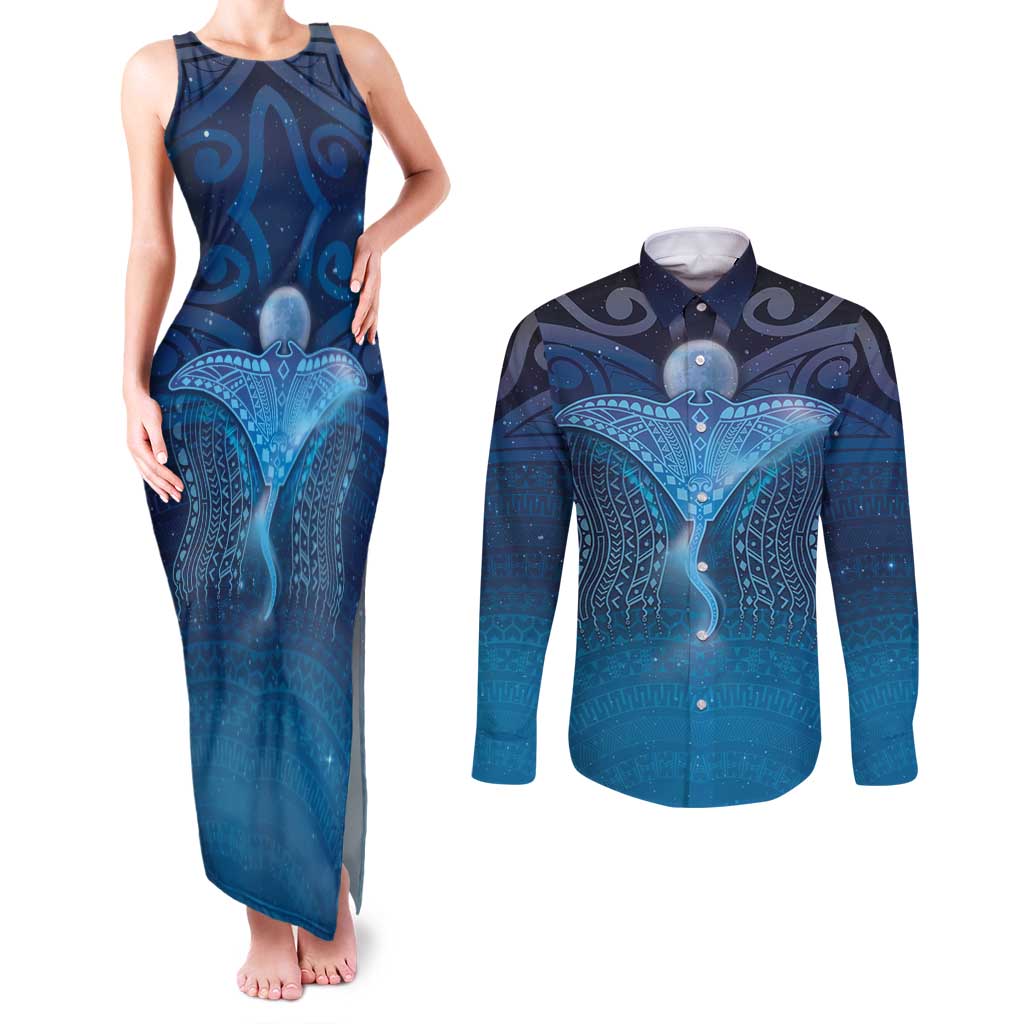 Polynesia Manta Ray Couples Matching Tank Maxi Dress and Long Sleeve Button Shirt Let's The Sea Set You Free - Polynesian Pride