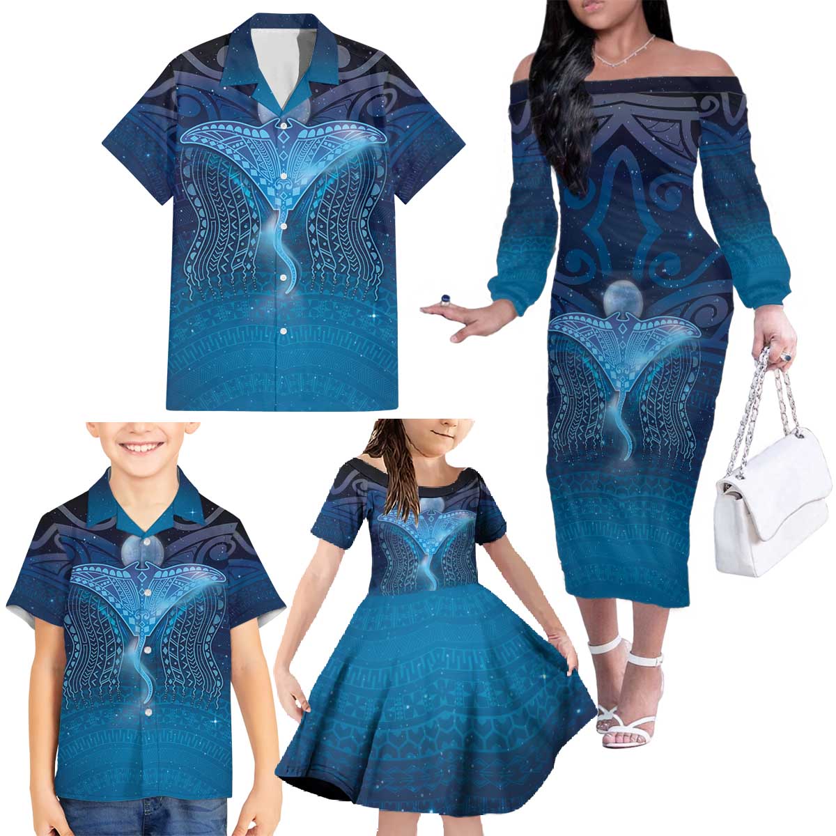 Polynesia Manta Ray Family Matching Off The Shoulder Long Sleeve Dress and Hawaiian Shirt Let's The Sea Set You Free - Polynesian Pride