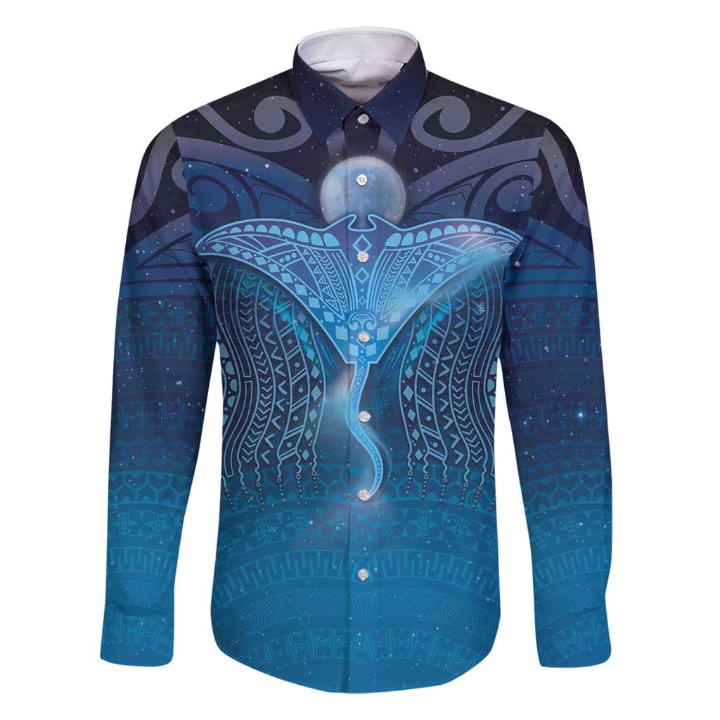 Polynesia Manta Ray Family Matching Off Shoulder Short Dress and Hawaiian Shirt Let's The Sea Set You Free LT05 Dad's Shirt - Long Sleeve Blue - Polynesian Pride