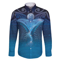 Polynesia Manta Ray Family Matching Off Shoulder Short Dress and Hawaiian Shirt Let's The Sea Set You Free LT05 Dad's Shirt - Long Sleeve Blue - Polynesian Pride