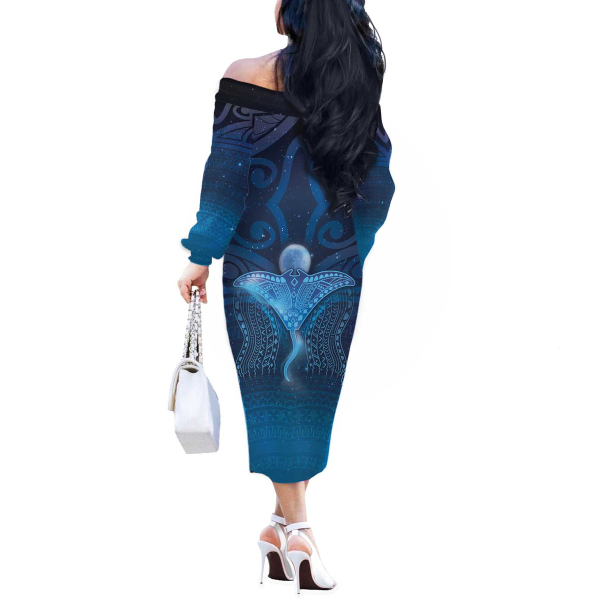 Polynesia Manta Ray Off The Shoulder Long Sleeve Dress Let's The Sea Set You Free - Polynesian Pride
