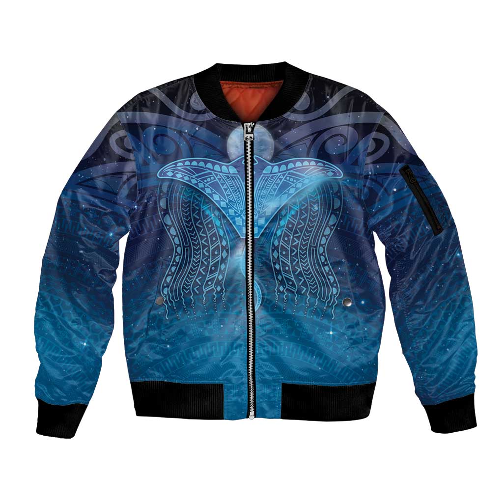Polynesia Manta Ray Sleeve Zip Bomber Jacket Let's The Sea Set You Free LT05 Unisex Blue - Polynesian Pride