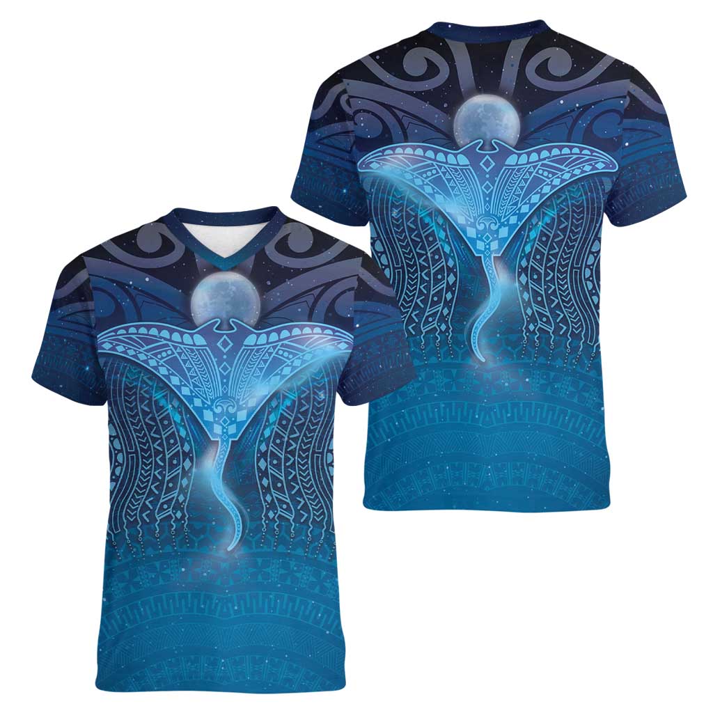 Polynesia Manta Ray Women V-Neck T-Shirt Let's The Sea Set You Free - Polynesian Pride
