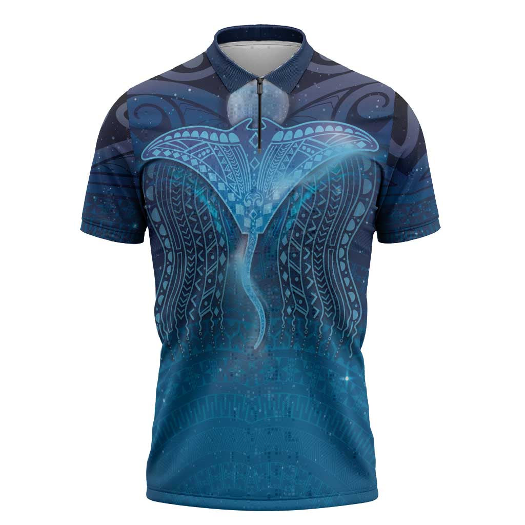 Polynesia Manta Ray Zipper Polo Shirt Let's The Sea Set You Free - Polynesian Pride
