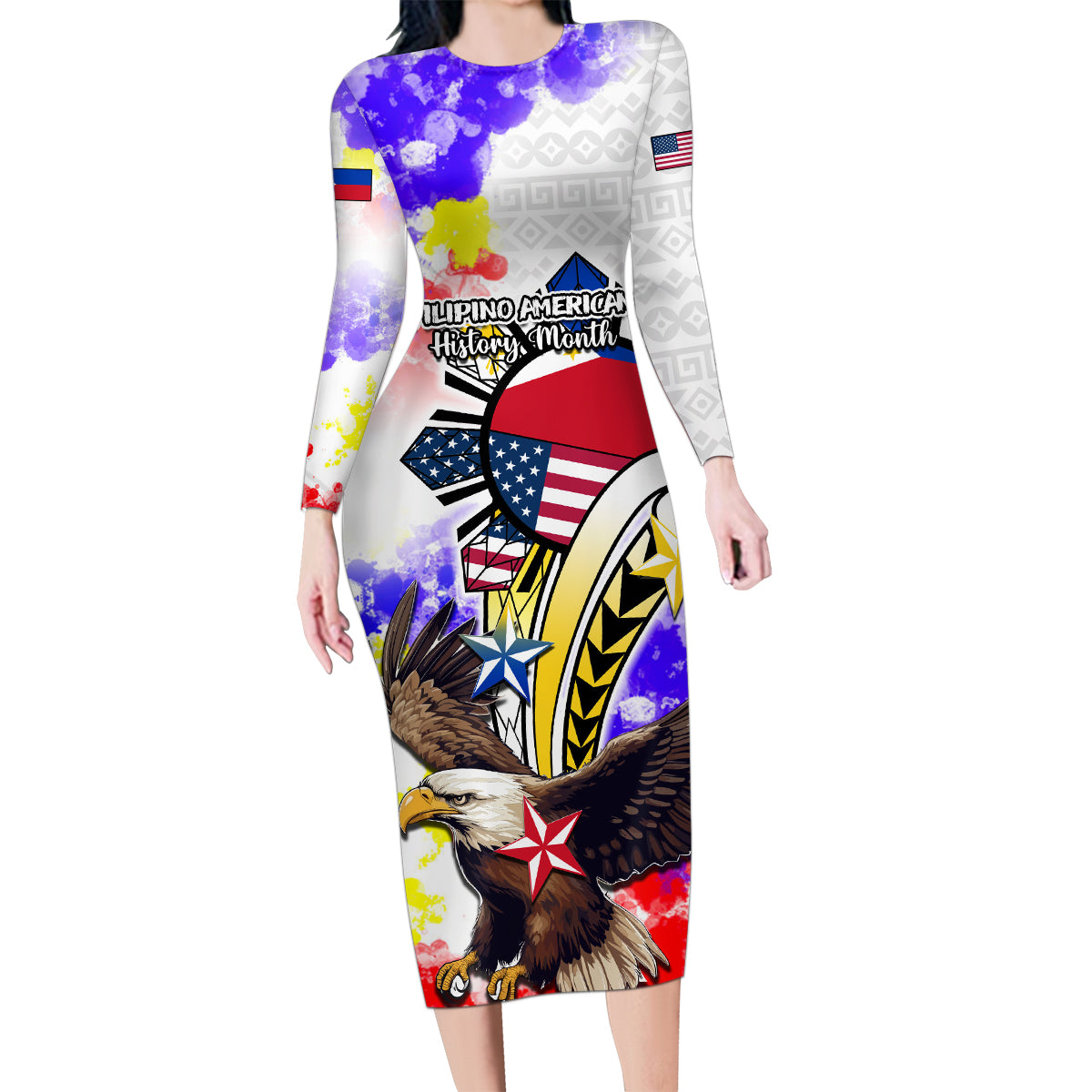 Filipino American History Month Family Matching Long Sleeve Bodycon Dress and Hawaiian Shirt The Eight-Rayed Sun Flags With Bald Eagle LT05 Mom's Dress White - Polynesian Pride