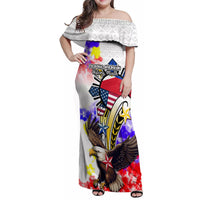 Filipino American History Month Family Matching Off Shoulder Maxi Dress and Hawaiian Shirt The Eight-Rayed Sun Flags With Bald Eagle LT05 Mom's Dress White - Polynesian Pride