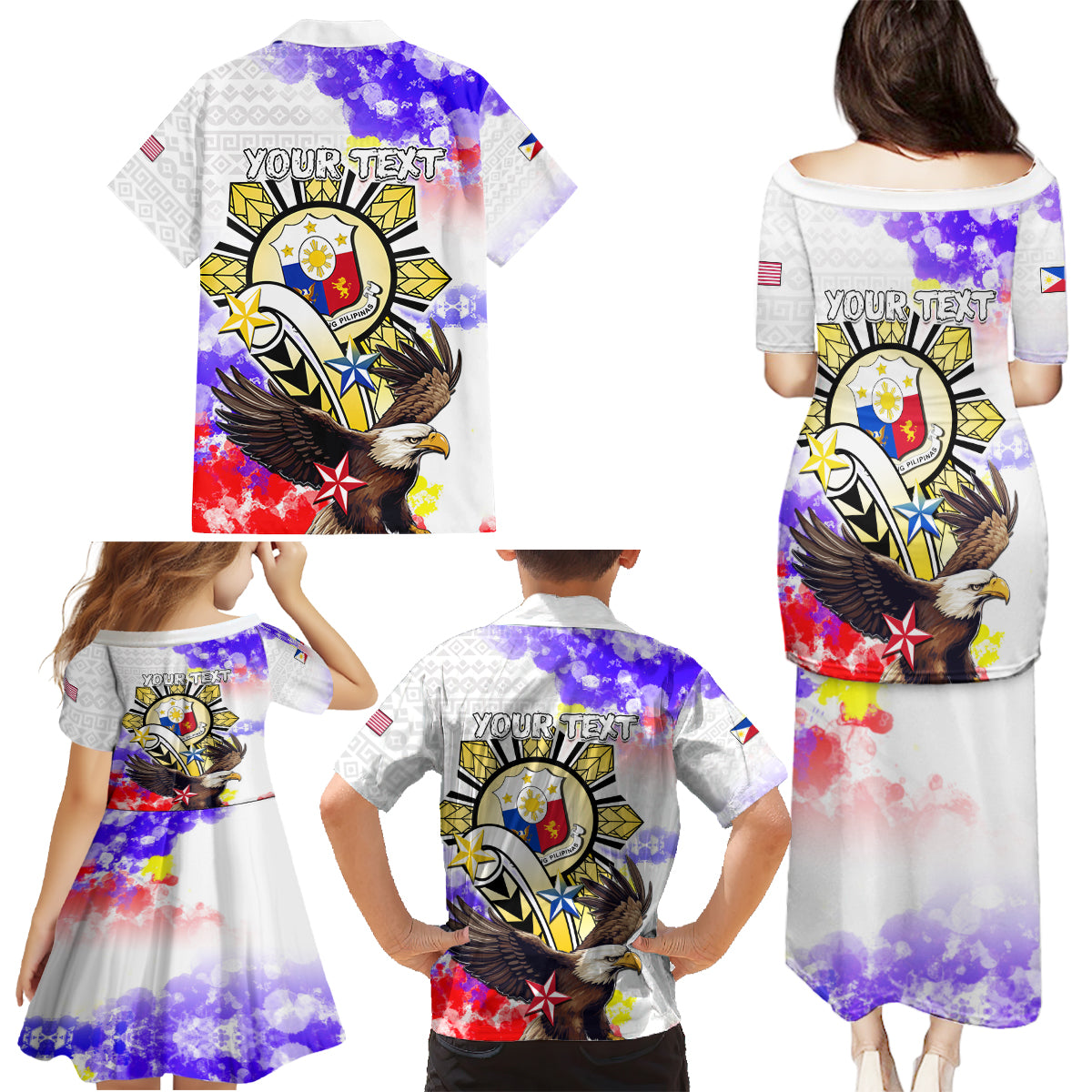Personalized Filipino American History Month Family Matching Puletasi Dress and Hawaiian Shirt The Eight-Rayed Sun Flags With Bald Eagle LT05 - Polynesian Pride