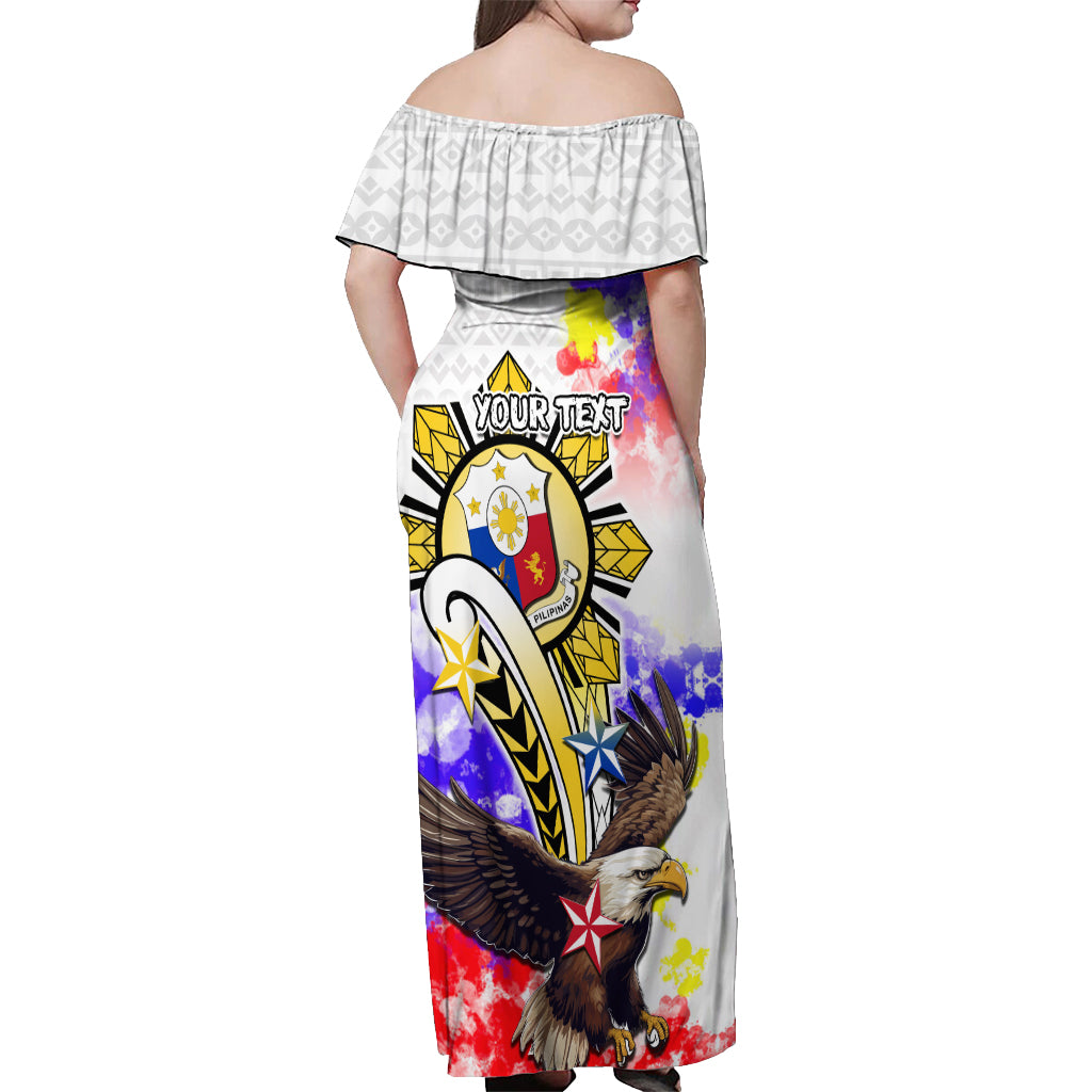 Personalized Filipino American History Month Off Shoulder Maxi Dress The Eight-Rayed Sun Flags With Bald Eagle LT05 - Polynesian Pride