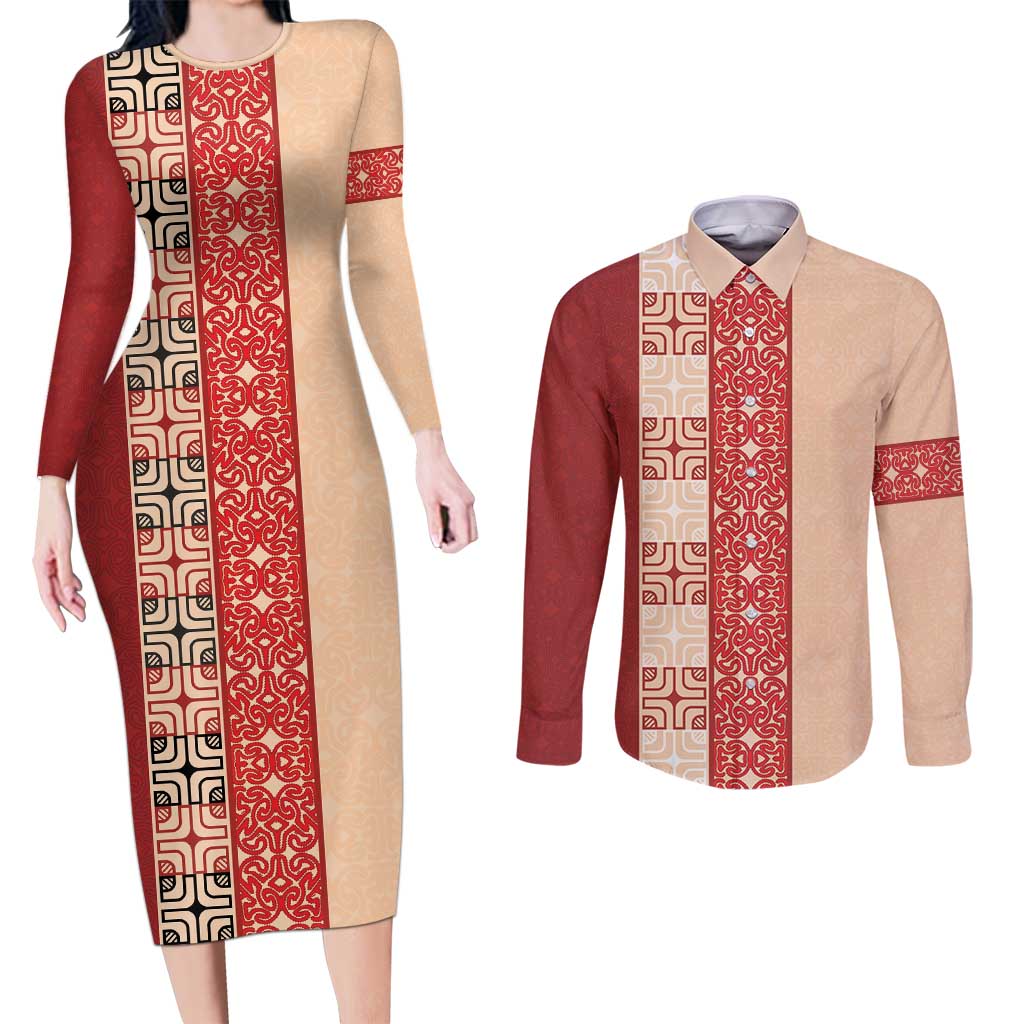 Papua New Guinea Couples Matching Long Sleeve Bodycon Dress and Long Sleeve Button Shirt Oro Tapa Pattern LT05 Beige - Polynesian Pride