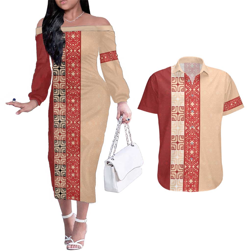 Papua New Guinea Couples Matching Off The Shoulder Long Sleeve Dress and Hawaiian Shirt Oro Tapa Pattern LT05 Beige - Polynesian Pride