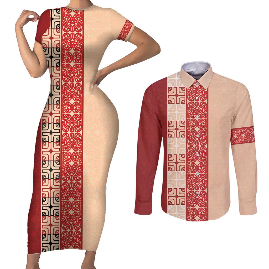Papua New Guinea Couples Matching Short Sleeve Bodycon Dress and Long Sleeve Button Shirt Oro Tapa Pattern LT05 Beige - Polynesian Pride